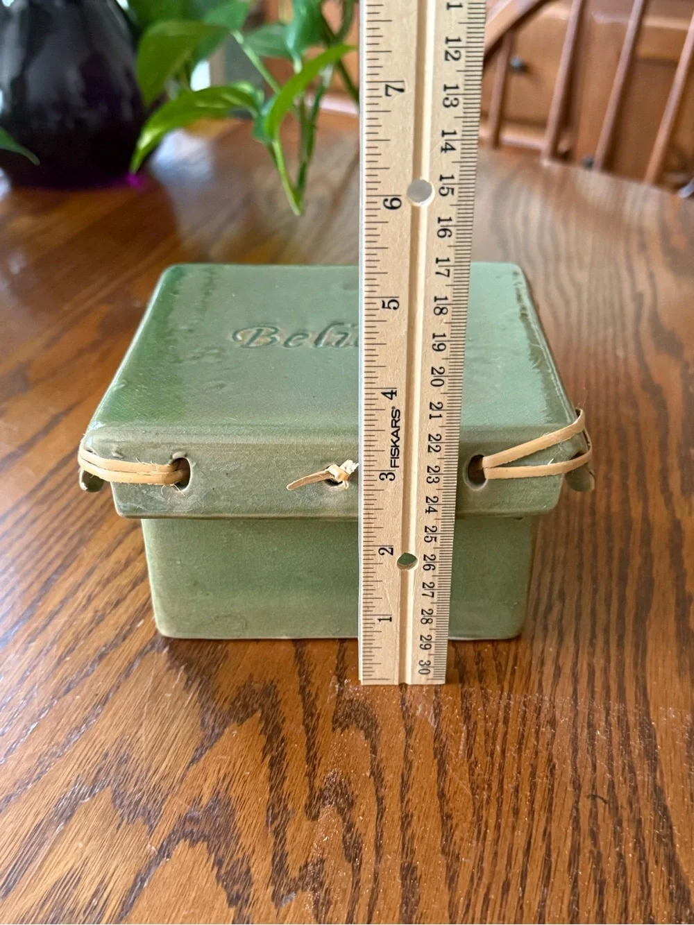 Believe Ceramic Trinket Box Green With Straw Accents